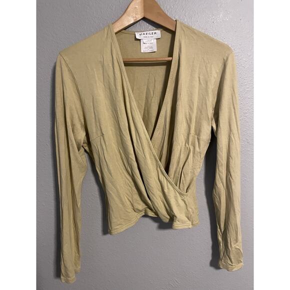 Jaeger Tops - Vintage Jaeger Womens Faux Wrap Top Large Beige Rayon Stretch Cropped Grunge